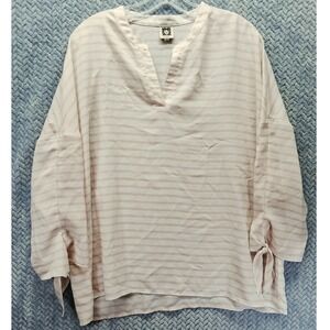 Anne Klein Pink White Striped V-Neck Blouse Tie Cuff Oversized XL